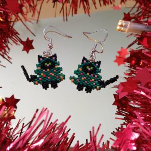 Cercei din mărgele - Crăciun - Pisica brad