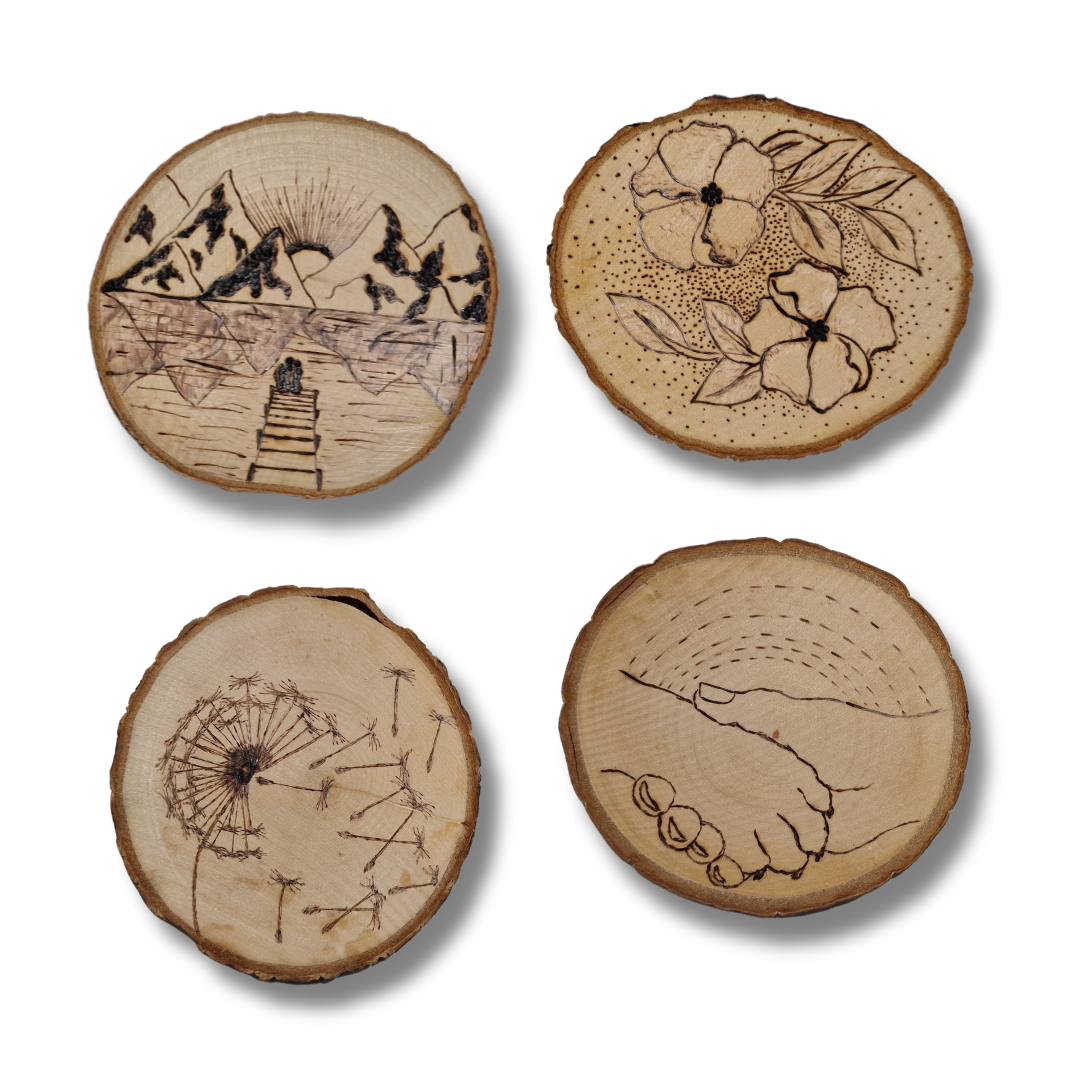 suporturi pentru cana sau pahar pirogravate manual pe felie de lemn