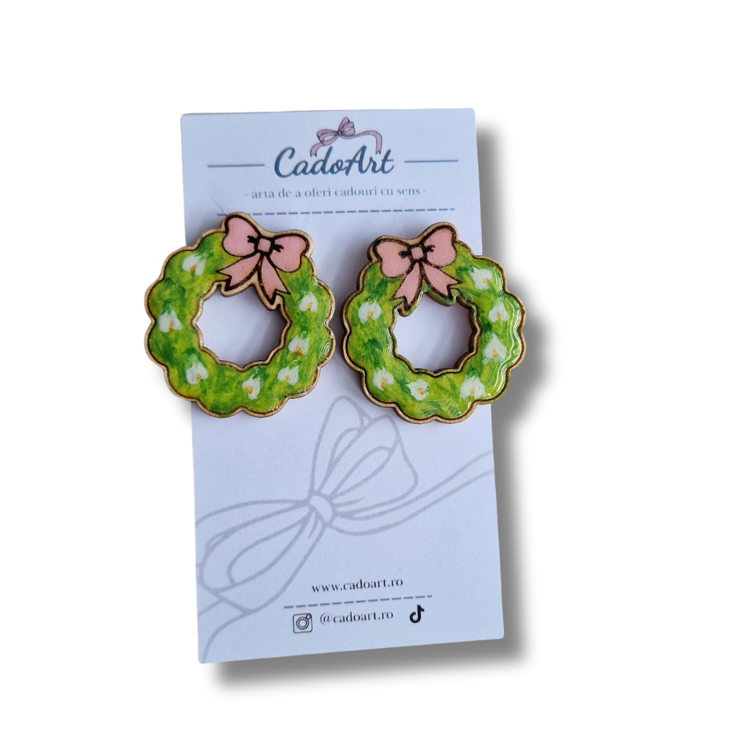 Cercei mărțișor cu coroniță cu flori, pictați manual - imagine 2